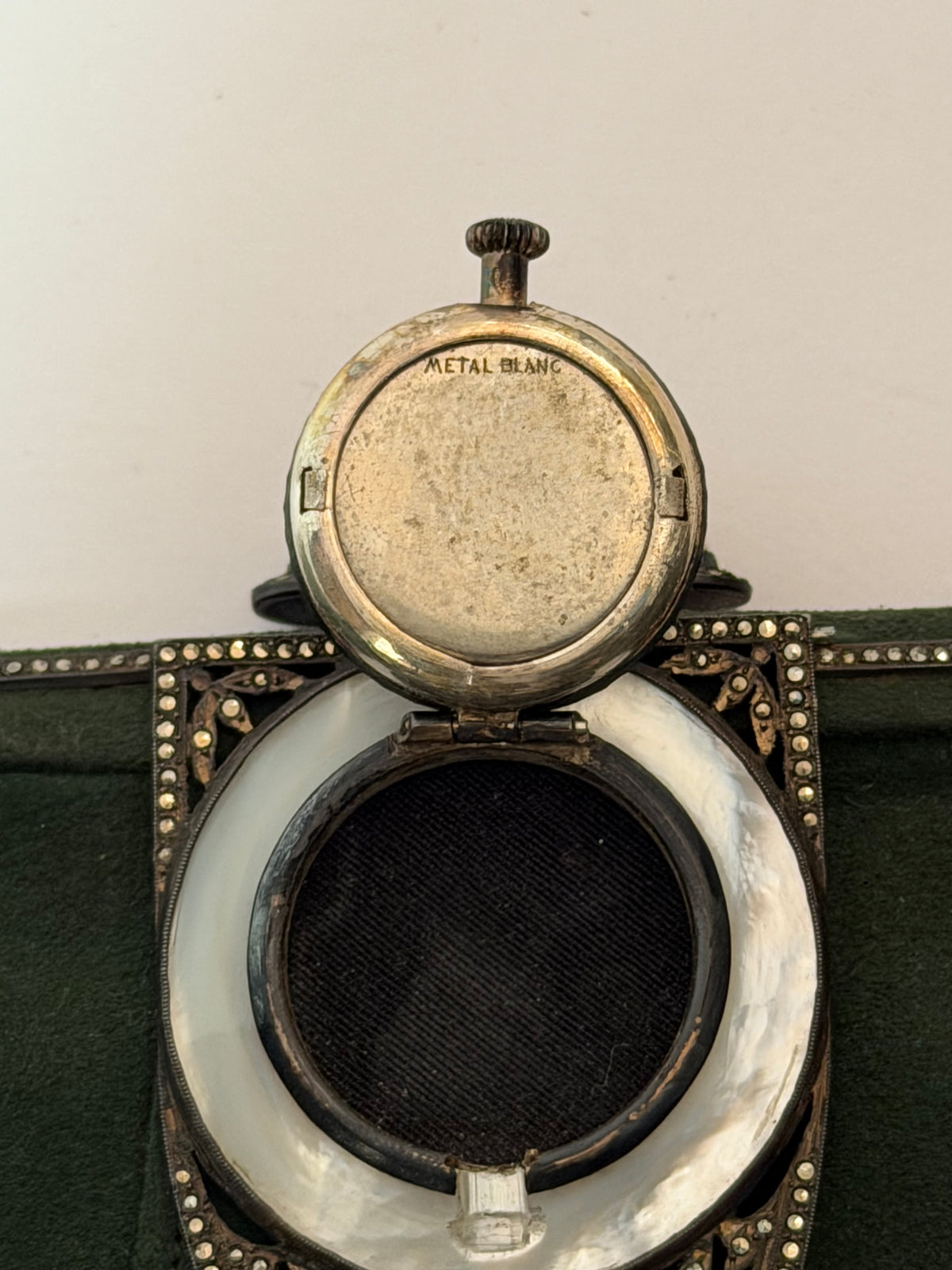 1920s French Art Deco Green Suede Watch Clutch