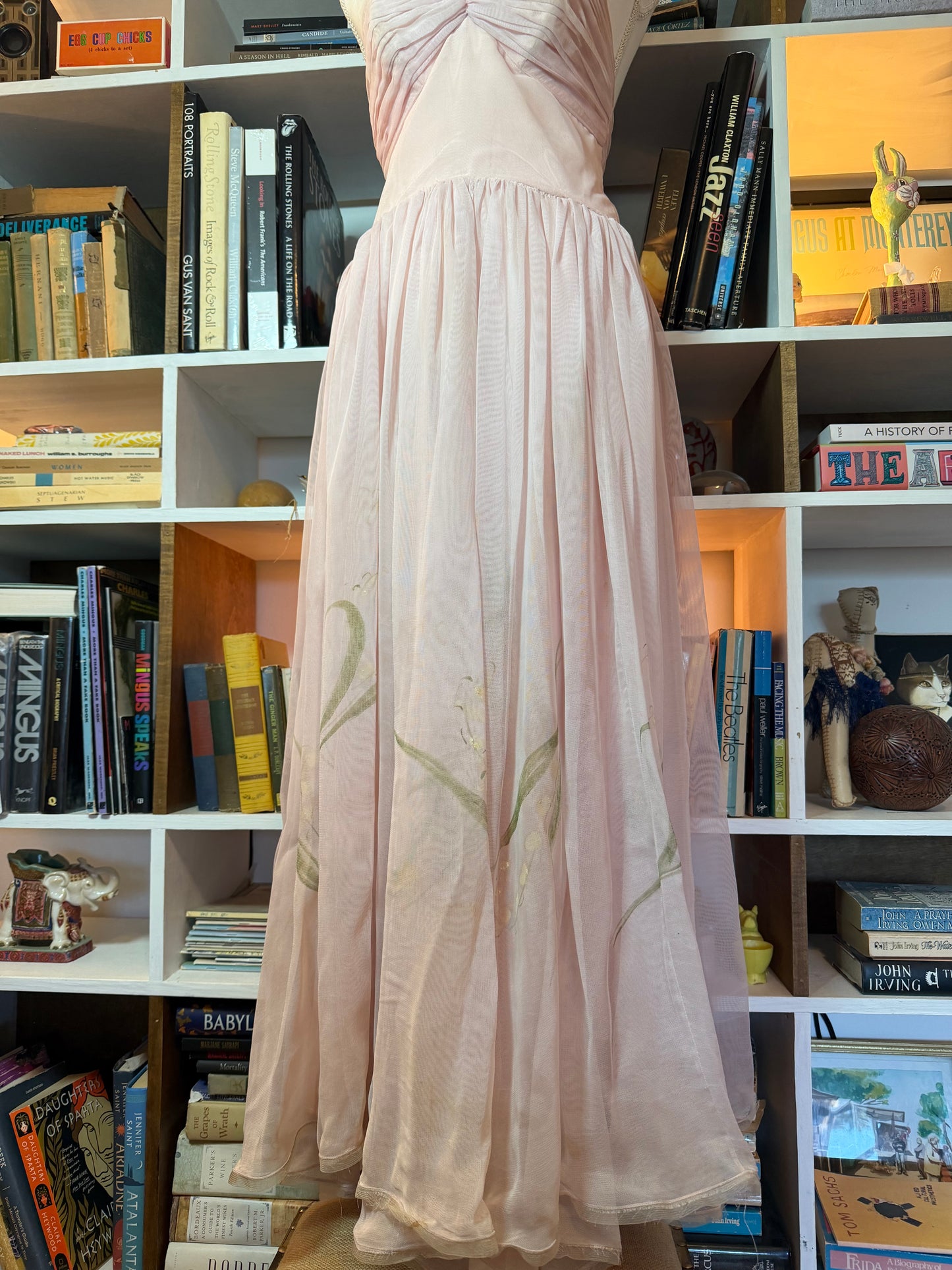 1950s hand painted lily of the valley ball gown