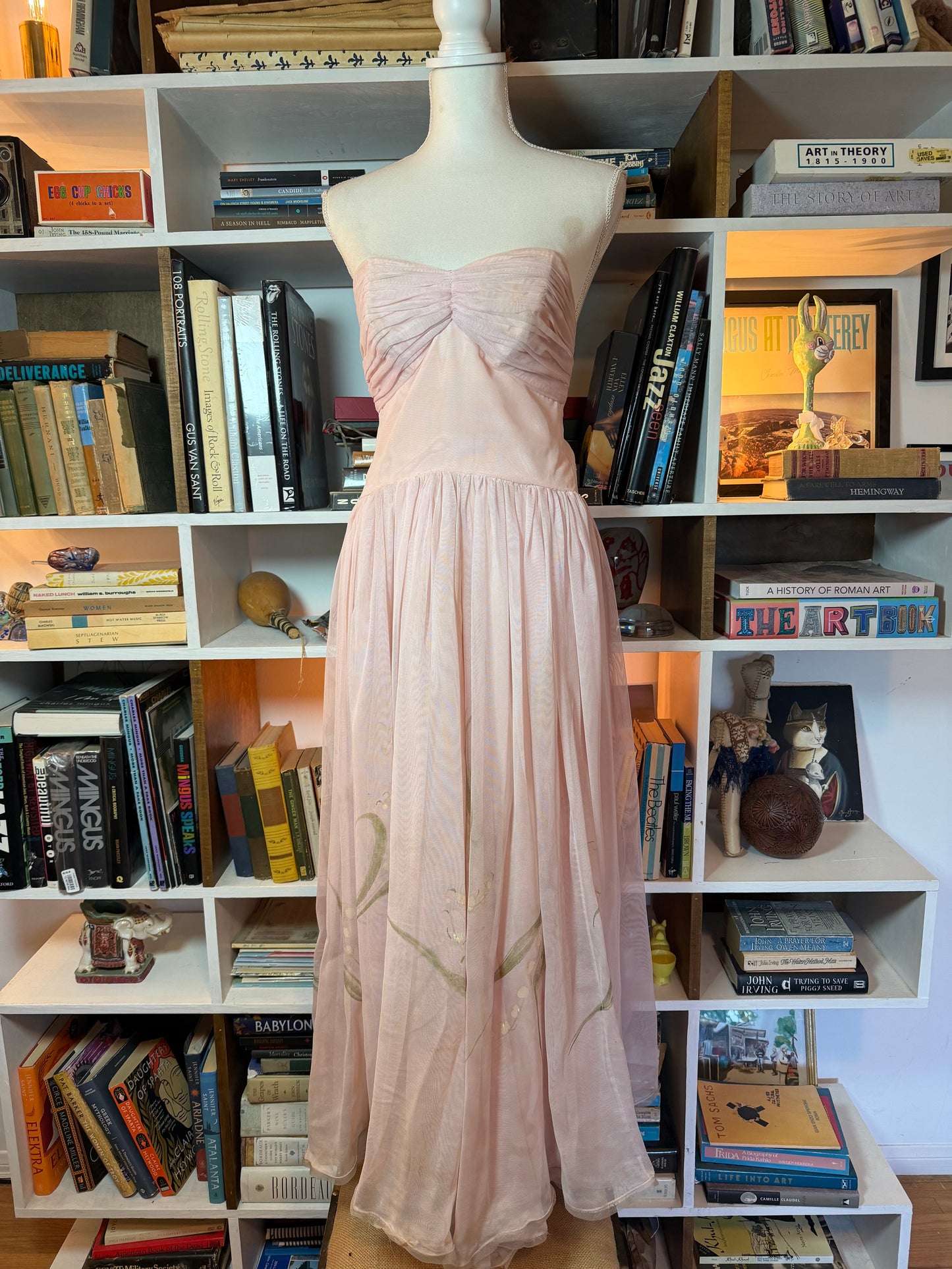 1950s hand painted lily of the valley ball gown