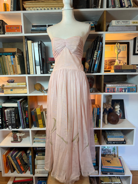 1950s hand painted lily of the valley ball gown