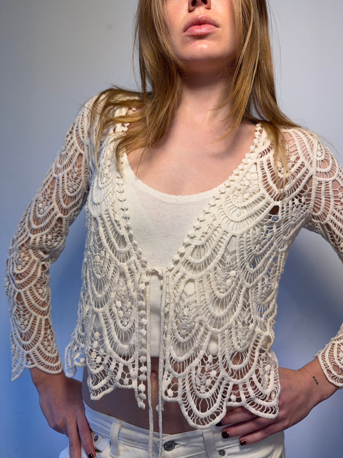Cream Crochet Tie Cardigan Vintage