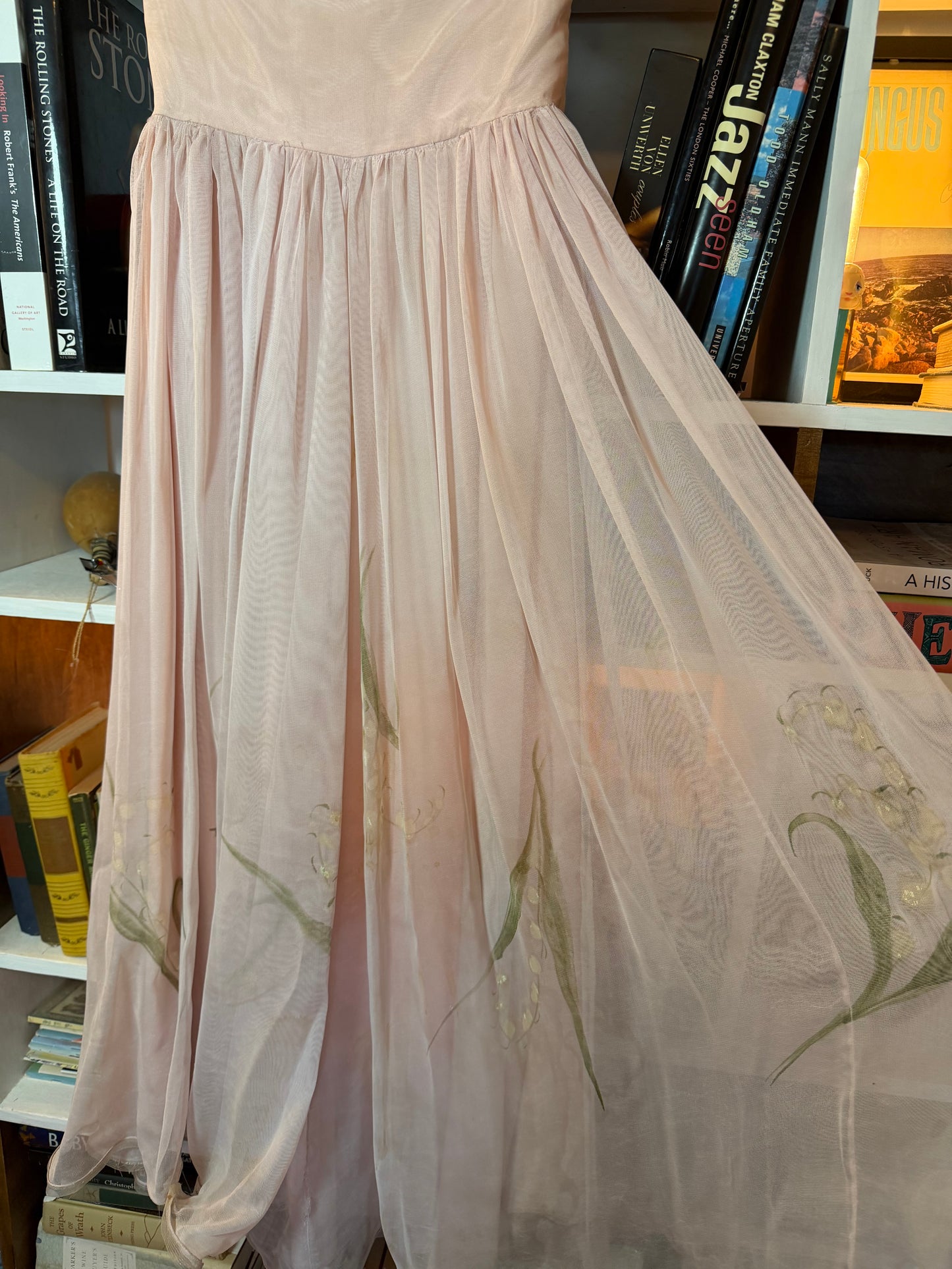 1950s hand painted lily of the valley ball gown