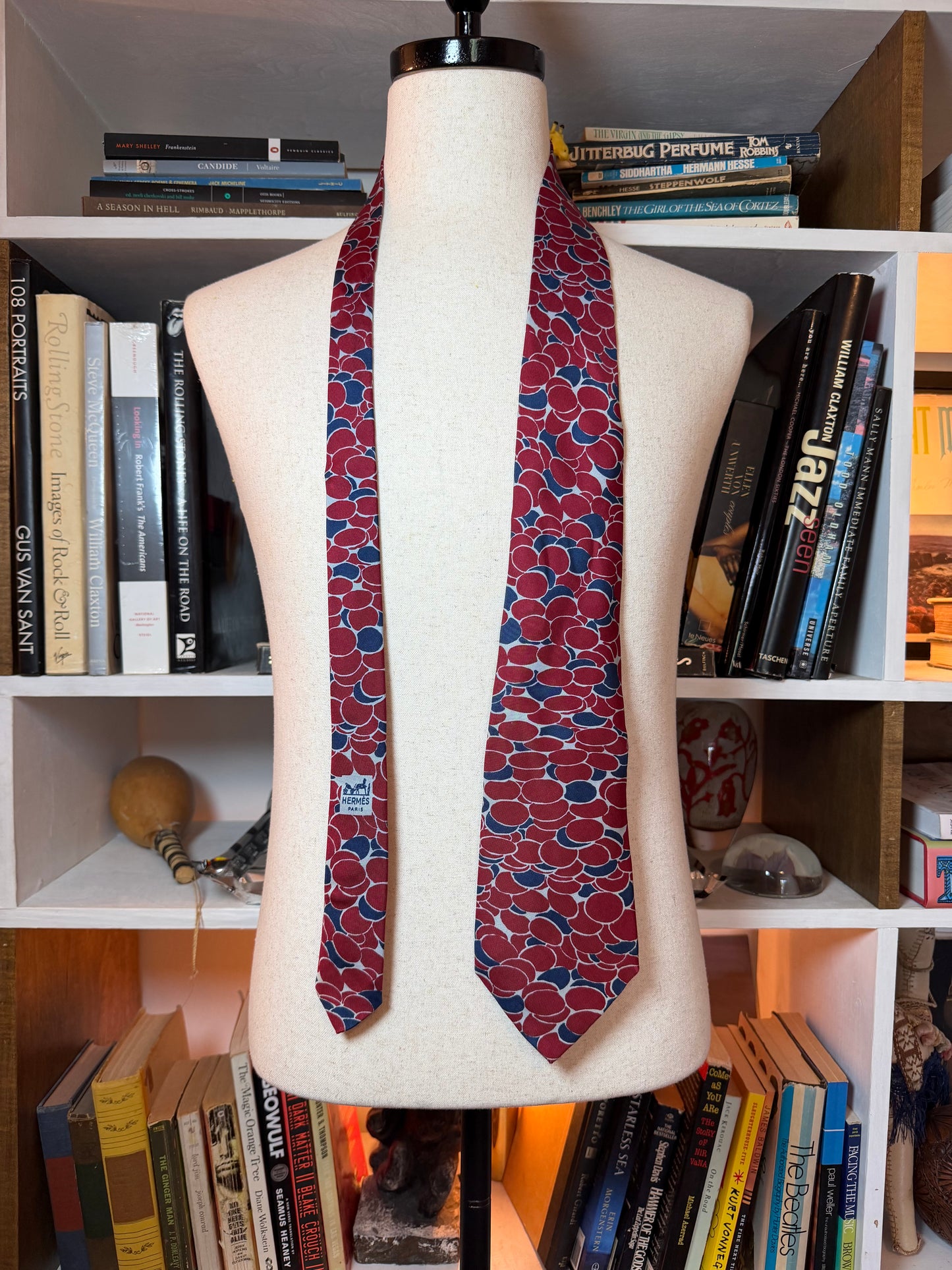 Hermès Paris Vintage Abstract Pebble Print Silk Tie — Burgundy & Navy