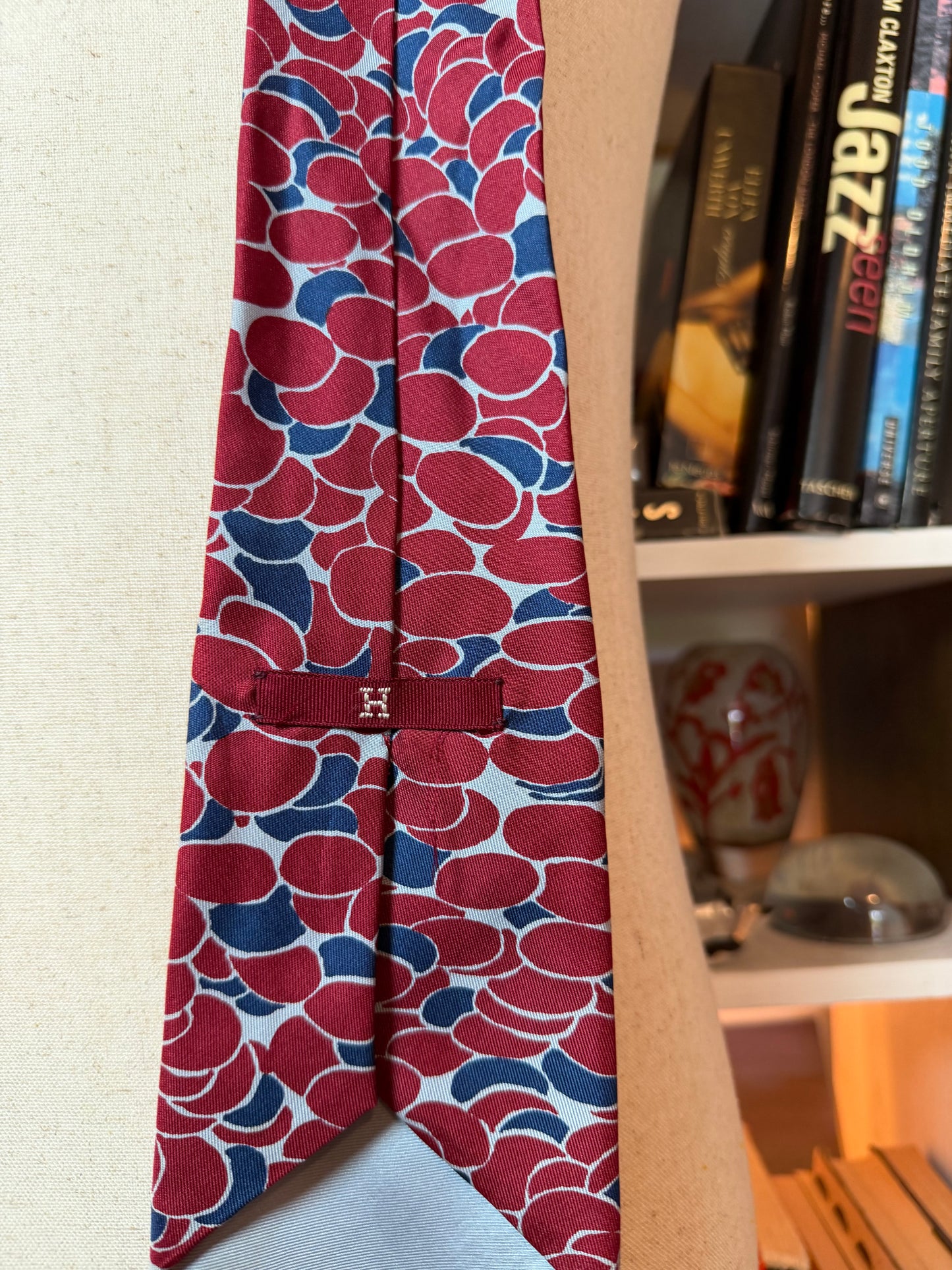 Hermès Paris Vintage Abstract Pebble Print Silk Tie — Burgundy & Navy