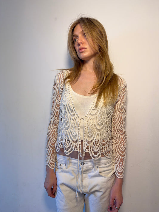Cream Crochet Tie Cardigan Vintage
