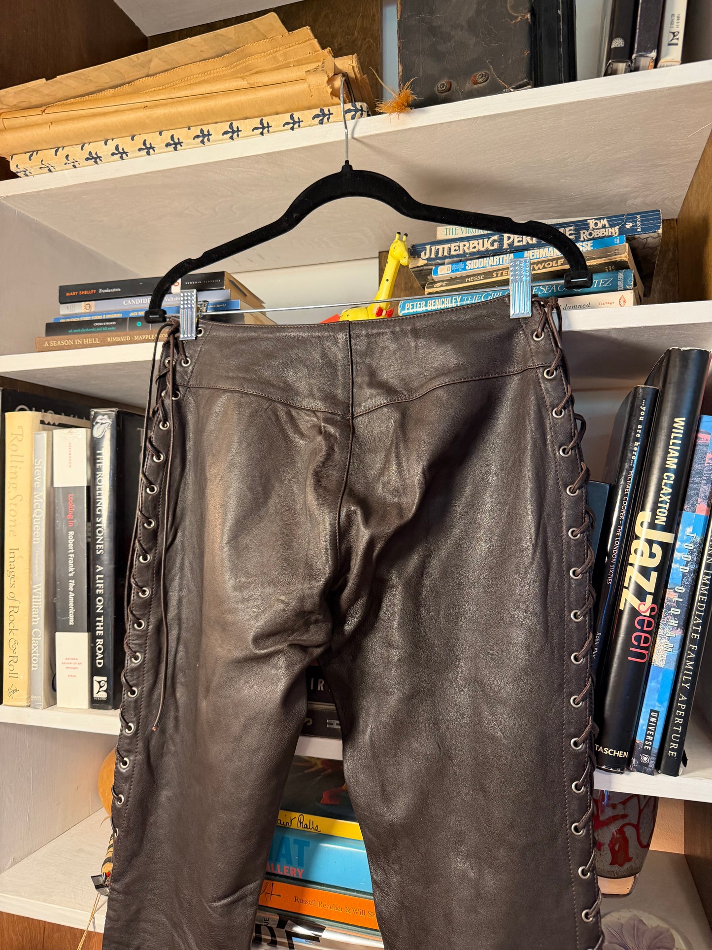 SIGAL Dark Brown Leather Lace-Up Pants Vintage