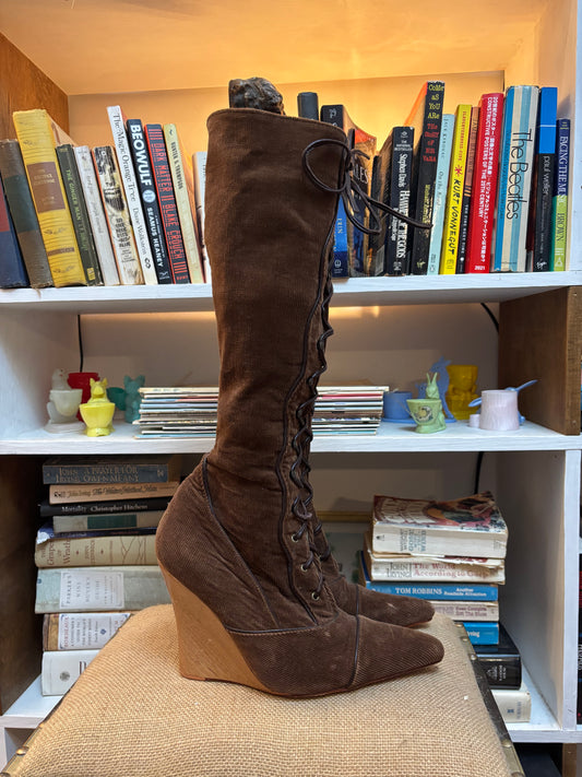 Sky Corduroy Lace Up Wedge Boots 9