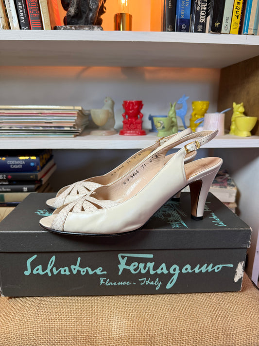 Salvatore Ferragamo Vintage "Gadella" Bone Peep-Toe Slingback Heels - Size 8B