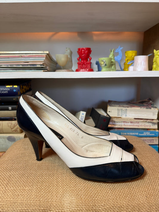 Nogueron for Neiman Marcus Vintage Navy & White Peep-Toe Pumps - Size 7.5B