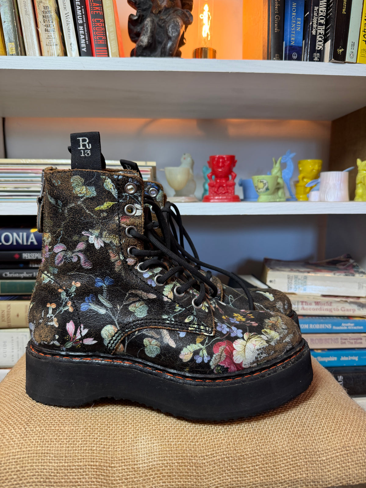 R13 Cracked Floral Leather Single Stack Platform Combat Boots 37