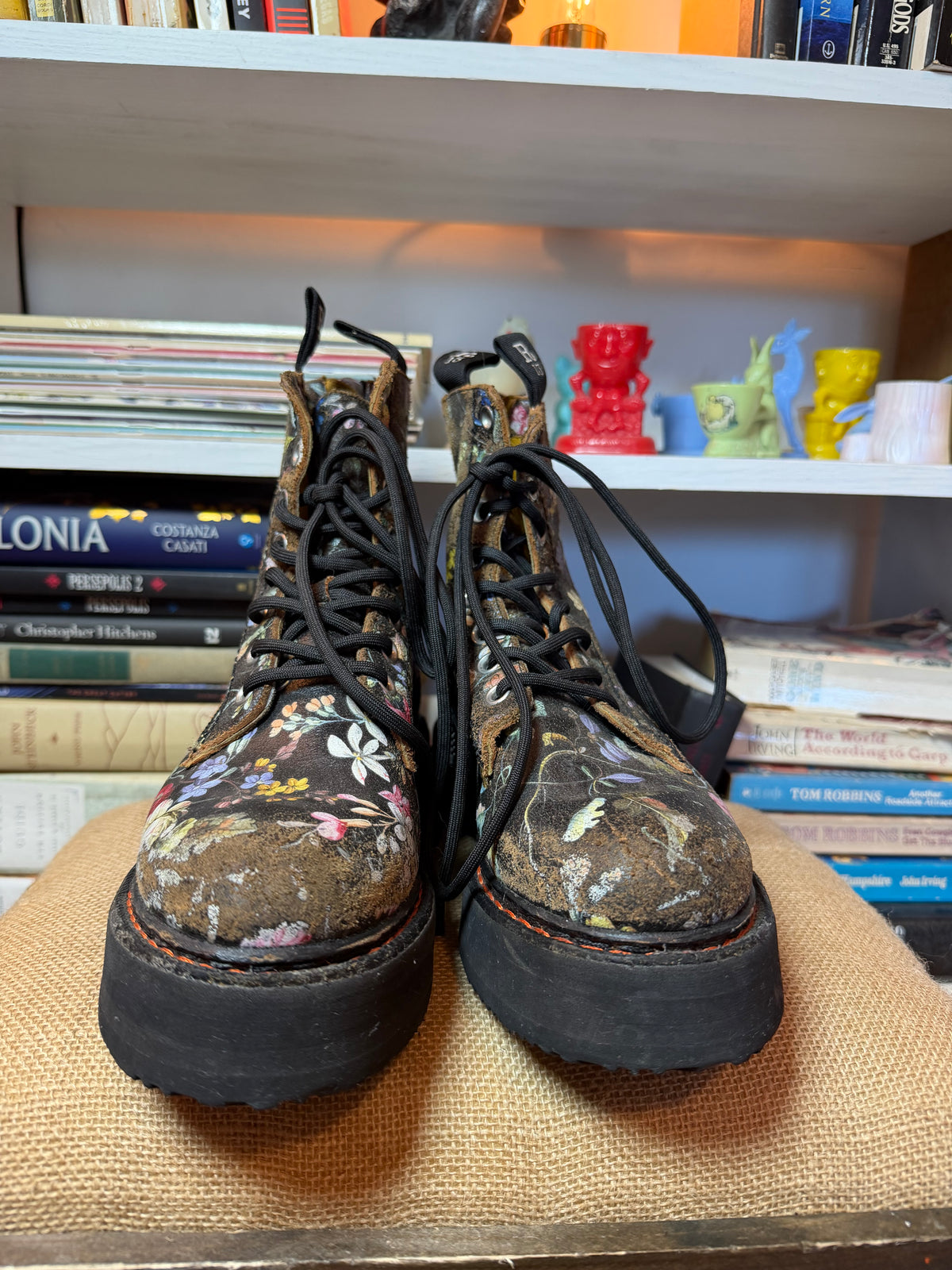 R13 Cracked Floral Leather Single Stack Platform Combat Boots 37
