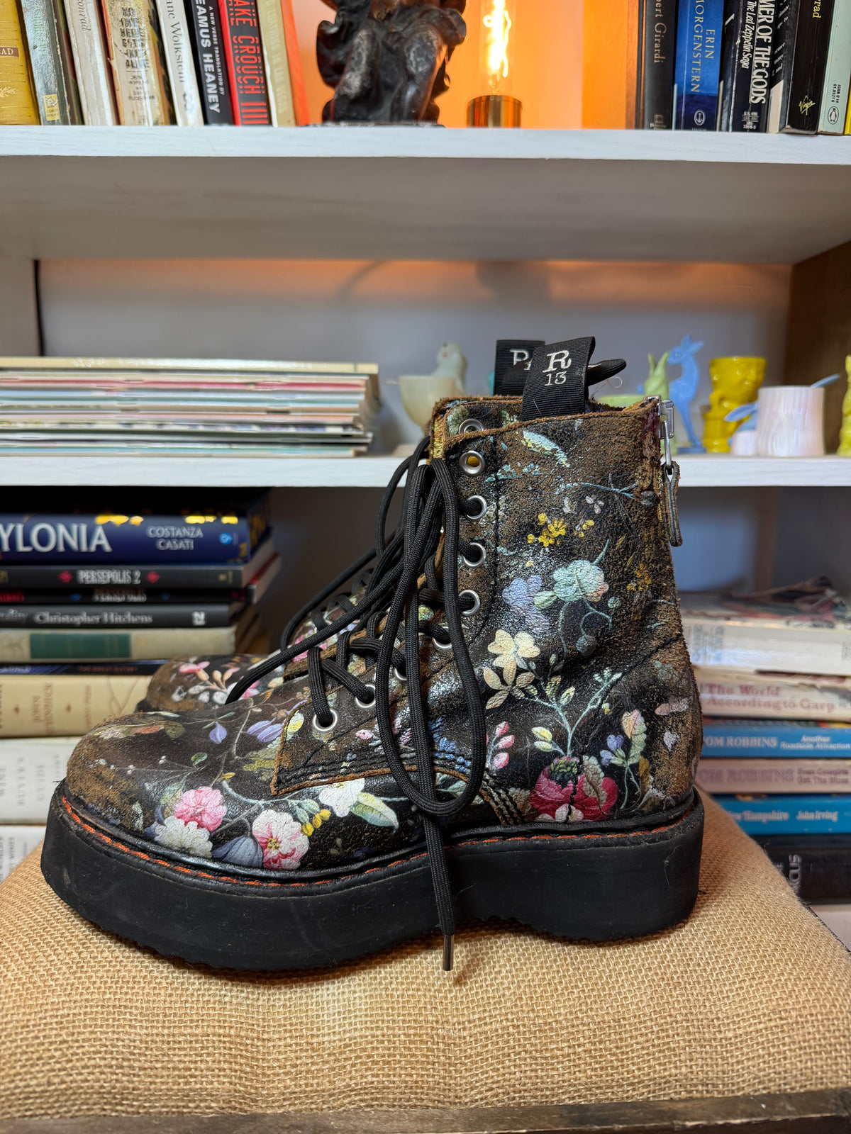 R13 Cracked Floral Leather Single Stack Platform Combat Boots 37