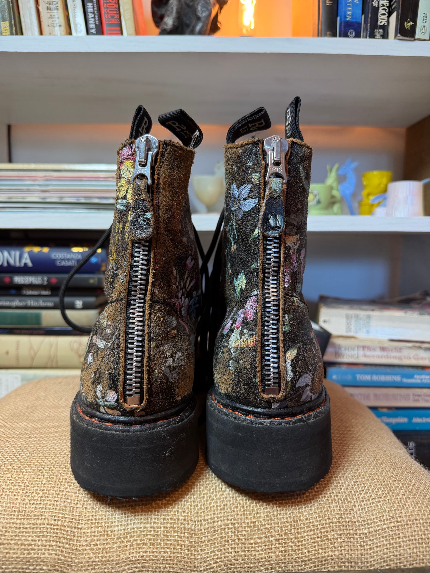 R13 Cracked Floral Leather Single Stack Platform Combat Boots 37