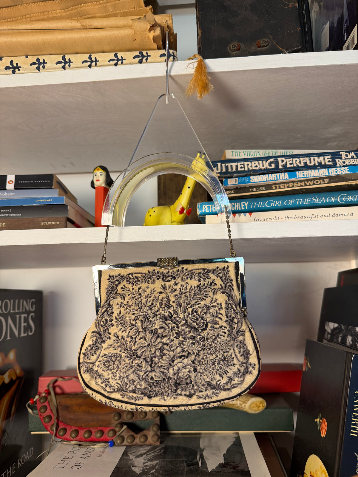 Vintage 1940s-1950s Tapestry Evening Bag — Lucite Handle
