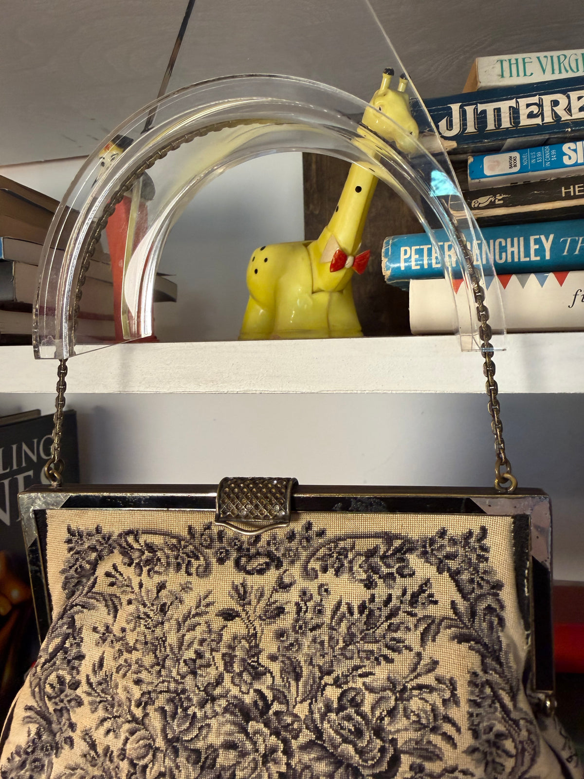 Vintage 1940s-1950s Tapestry Evening Bag — Lucite Handle