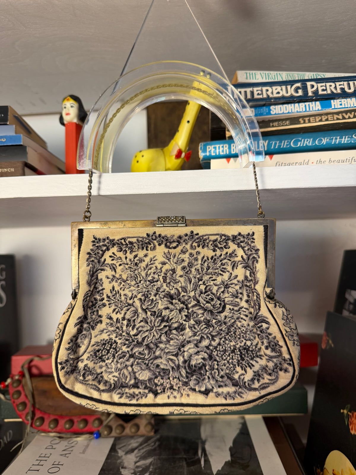 Vintage 1940s-1950s Tapestry Evening Bag — Lucite Handle