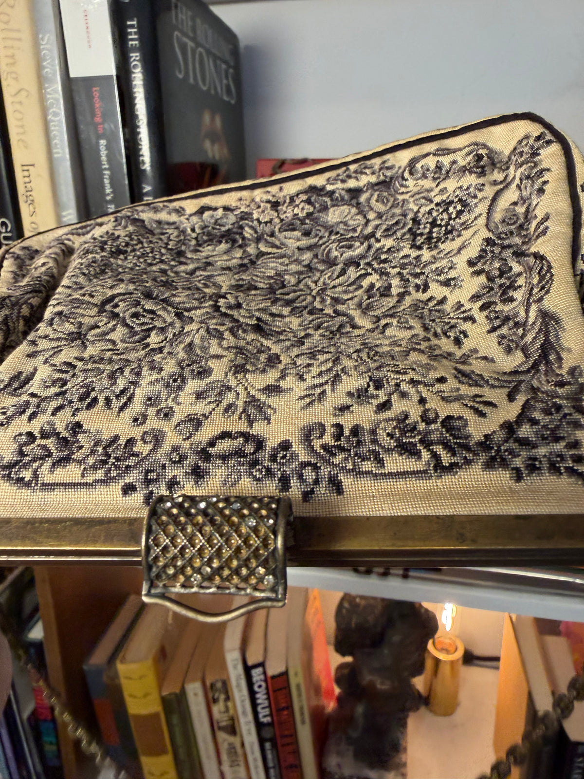 Vintage 1940s-1950s Tapestry Evening Bag — Lucite Handle