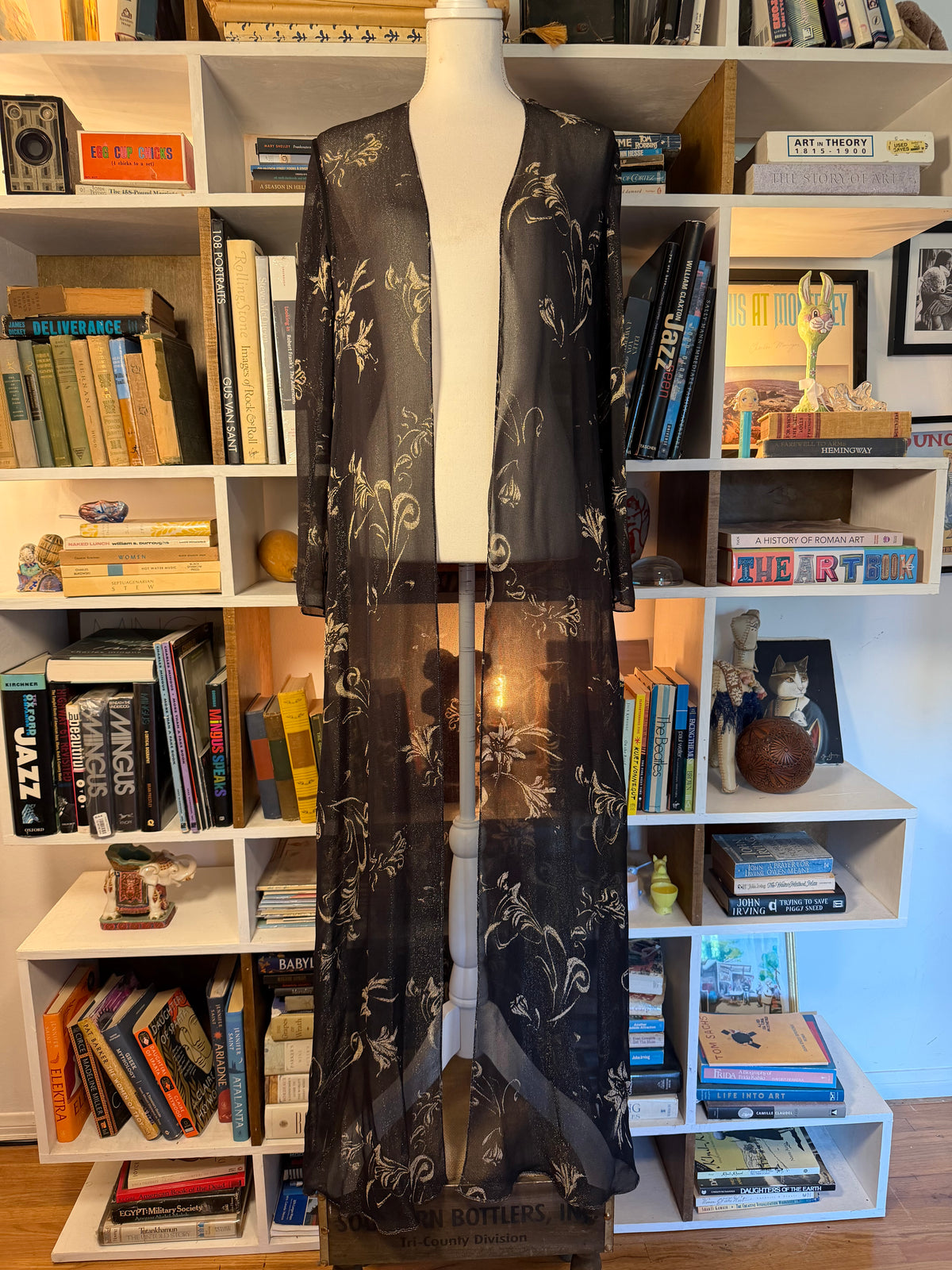 Vintage Sheer Metallic Gold Floral Chiffon Duster