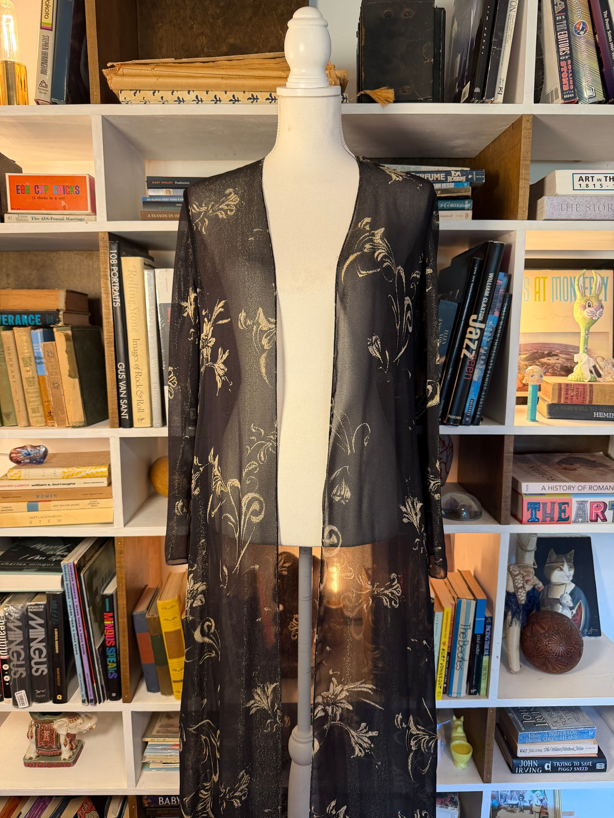 Vintage Sheer Metallic Gold Floral Chiffon Duster