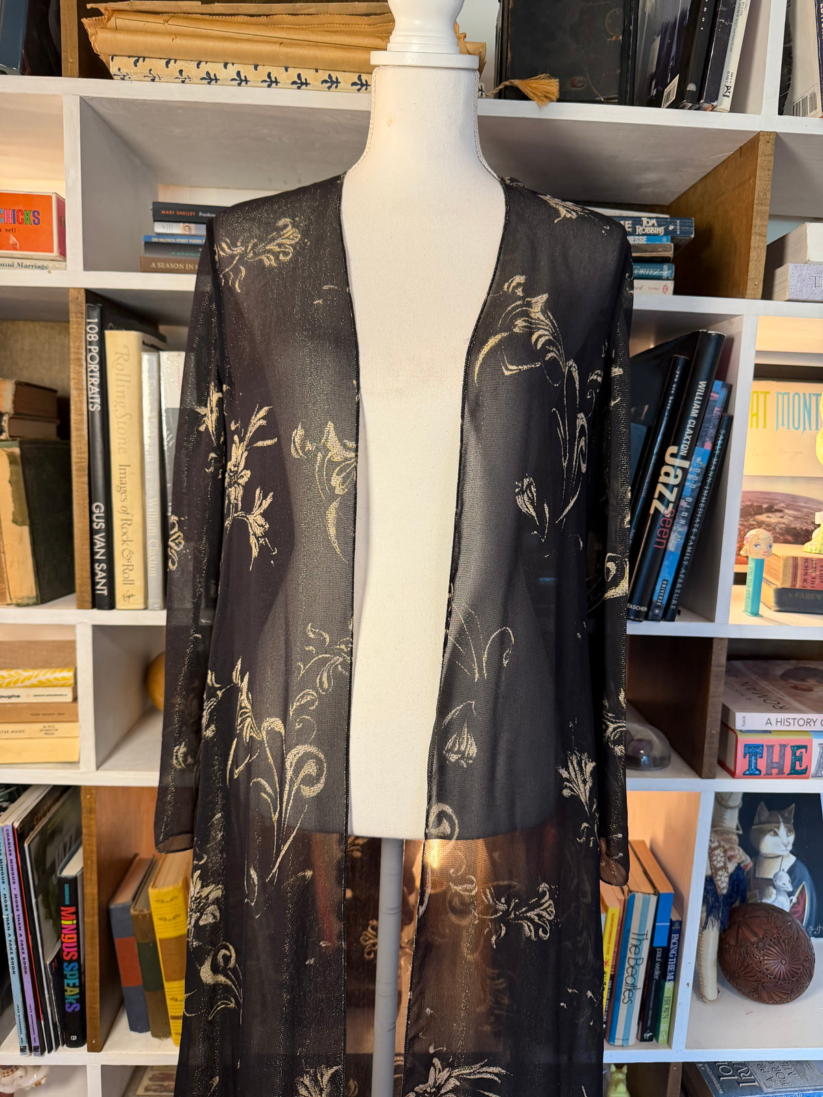 Vintage Sheer Metallic Gold Floral Chiffon Duster