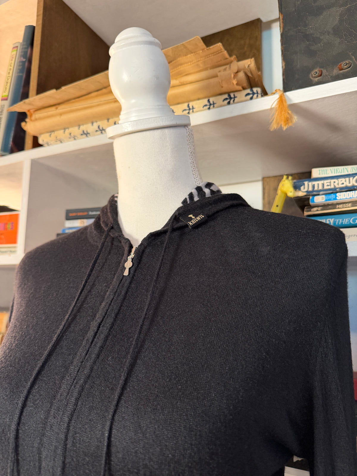 Knitwit Soybean-Cashmere Zip Hoodie with Zebra Print Hood
