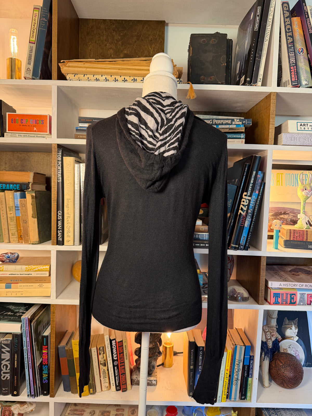 Knitwit Soybean-Cashmere Zip Hoodie with Zebra Print Hood