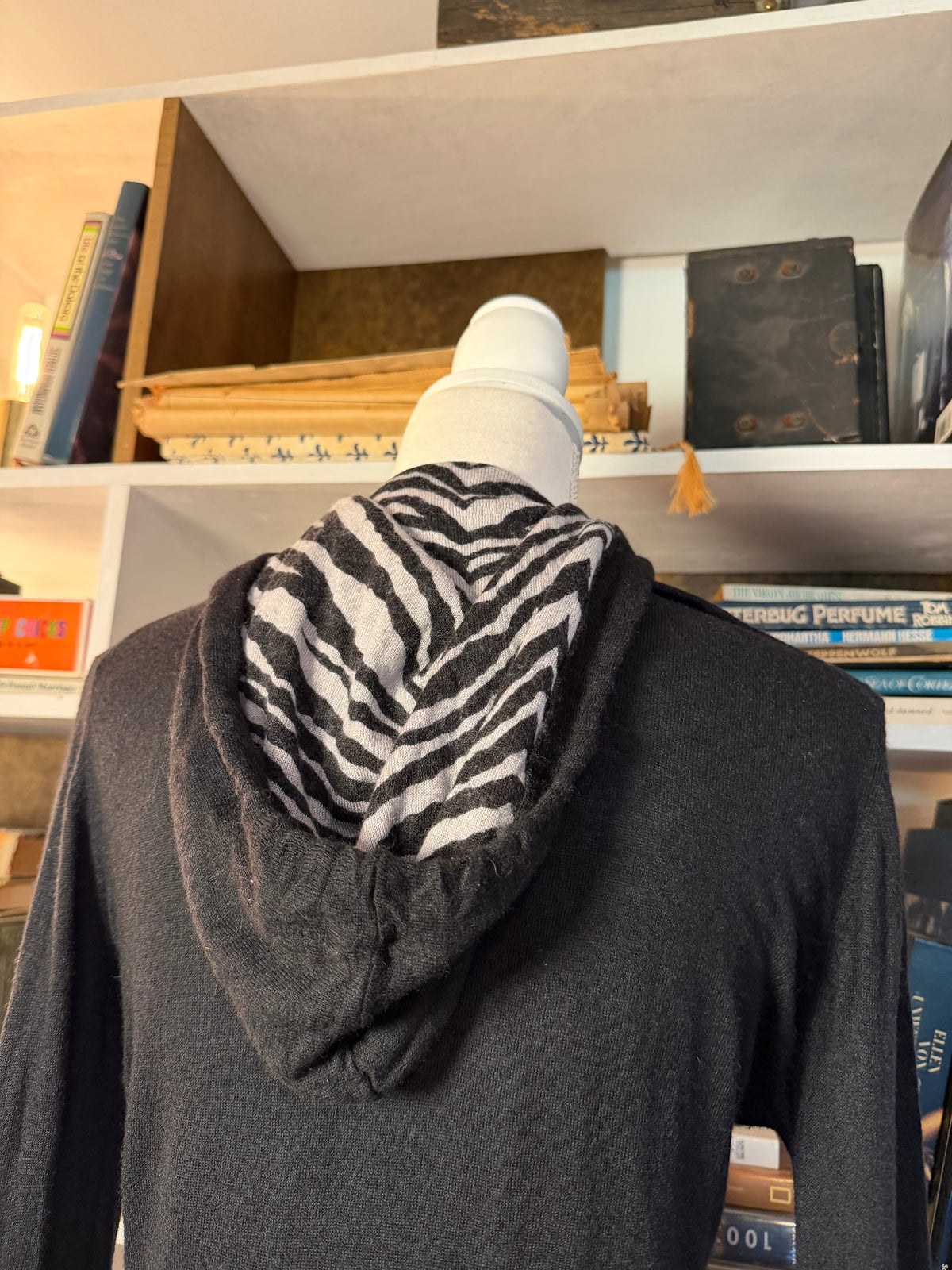 Knitwit Soybean-Cashmere Zip Hoodie with Zebra Print Hood