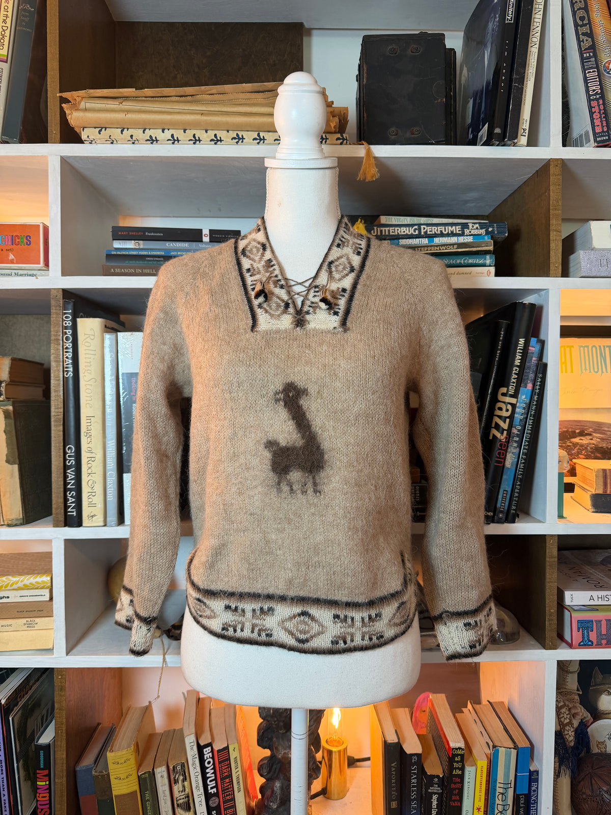 Vintage Alpaca Motif Lace-Up V Neck Sweater
