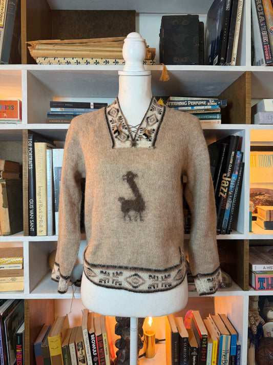 Vintage Alpaca Motif Lace-Up V Neck Sweater