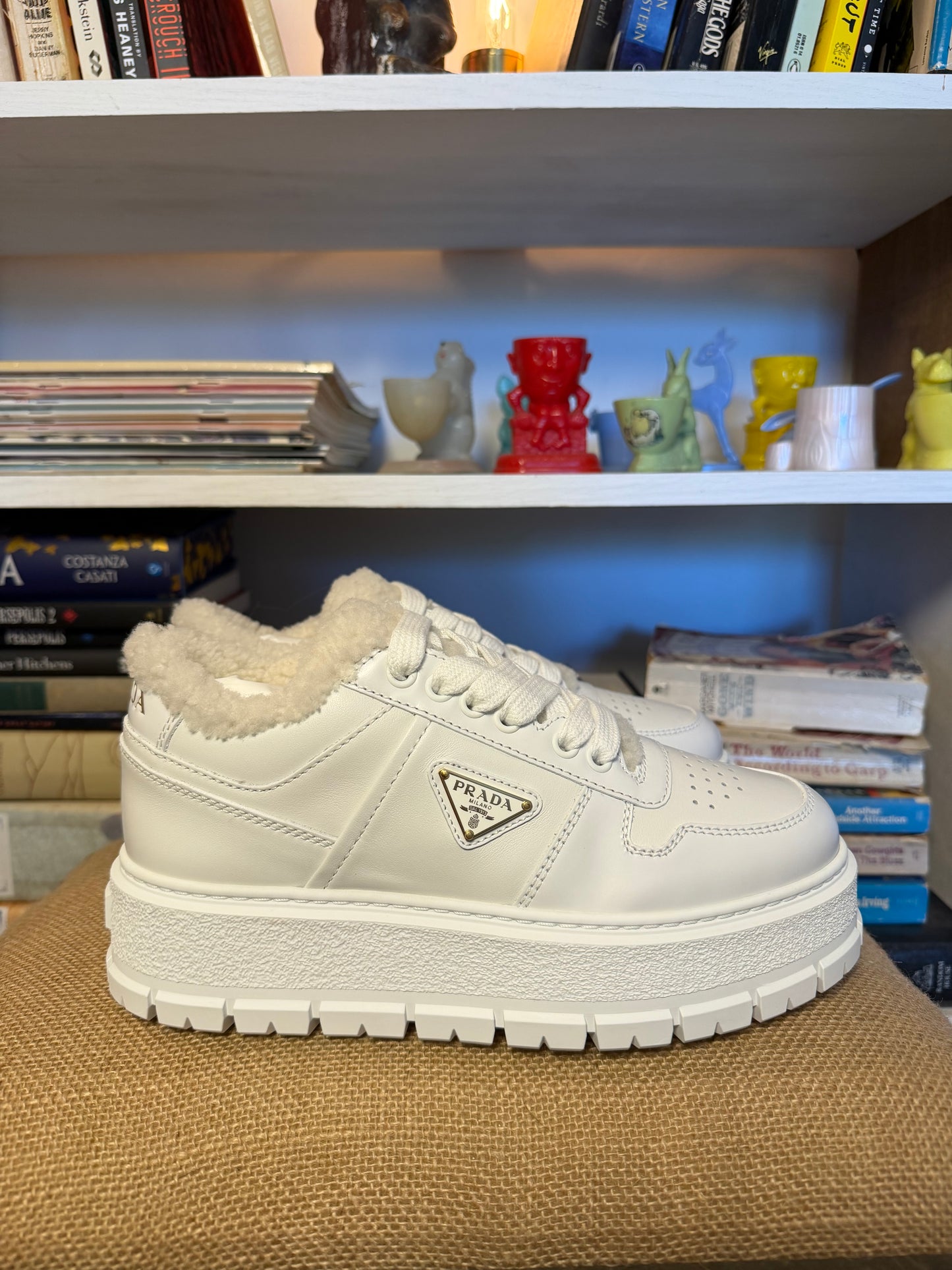 Prada Downtown Shearling Platform Sneakers 36