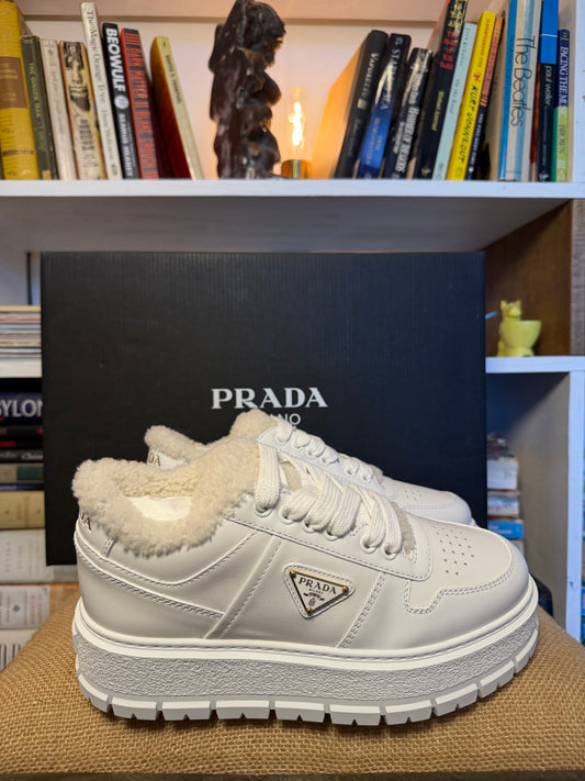 Prada Downtown Shearling Platform Sneakers 36