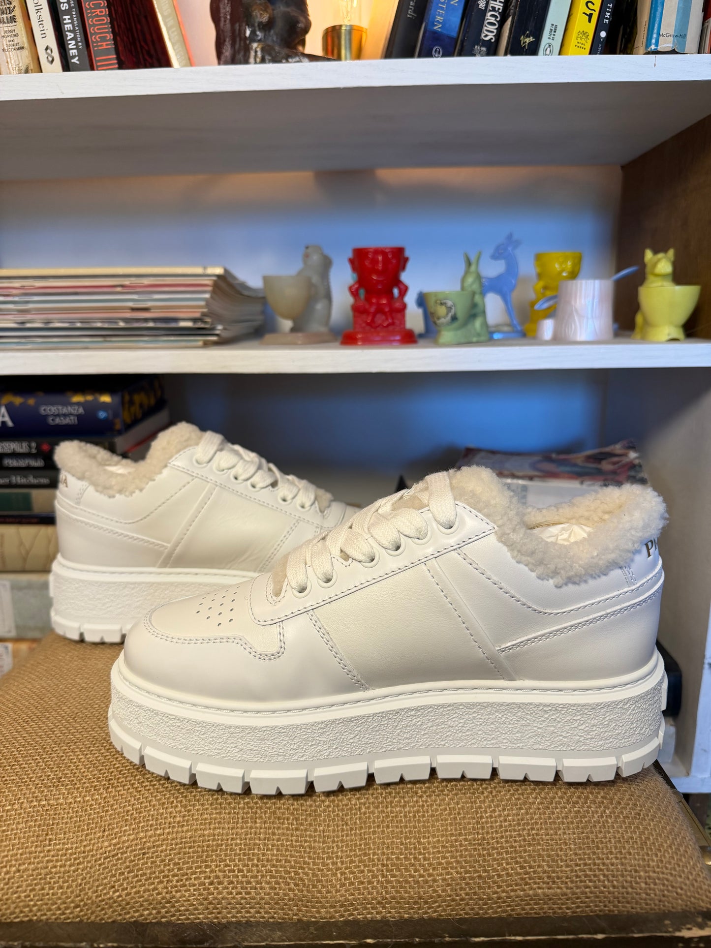 Prada Downtown Shearling Platform Sneakers 36