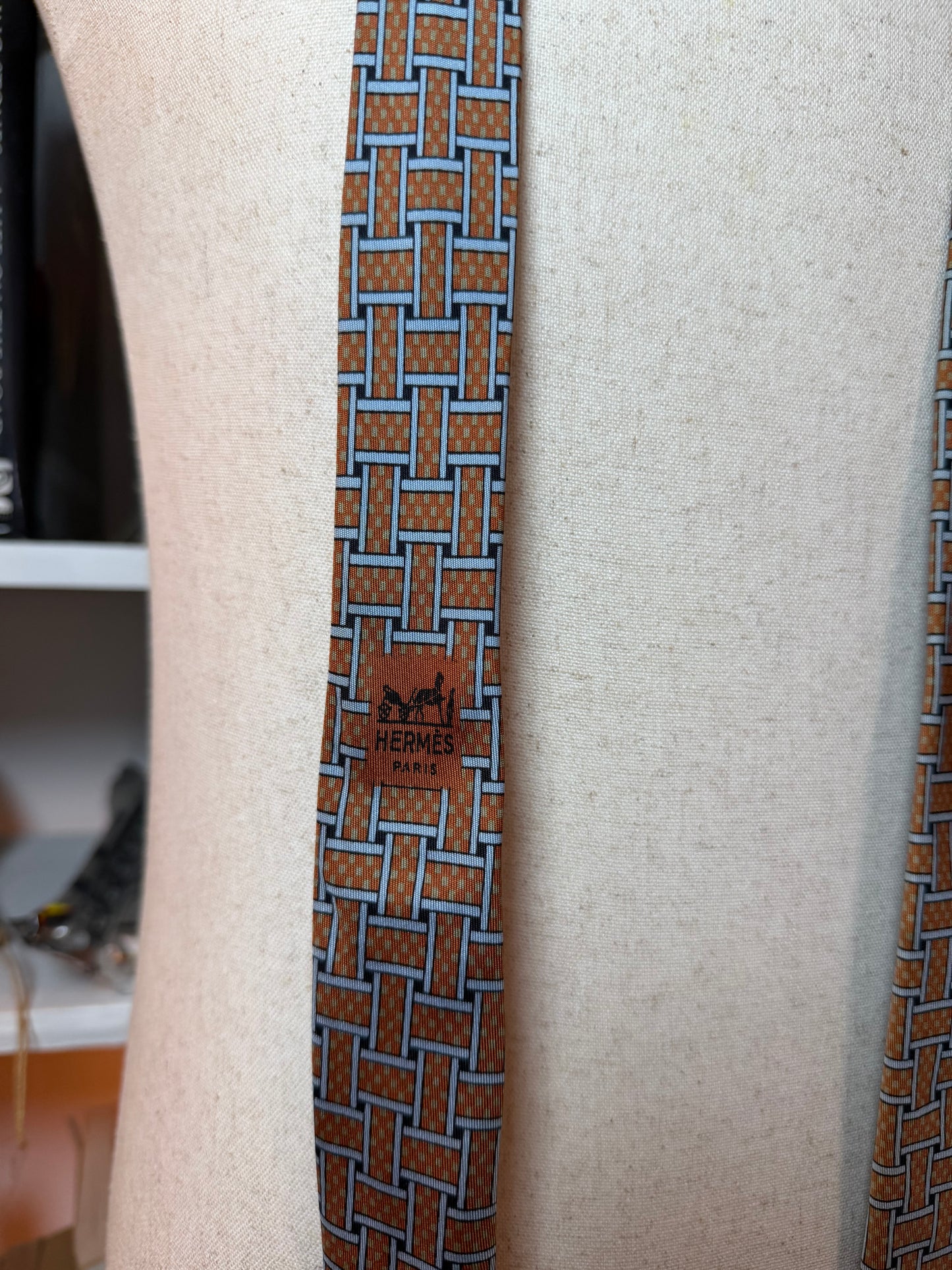 Hermès Paris Silk Tie — 1970s Basket Weave Geometric