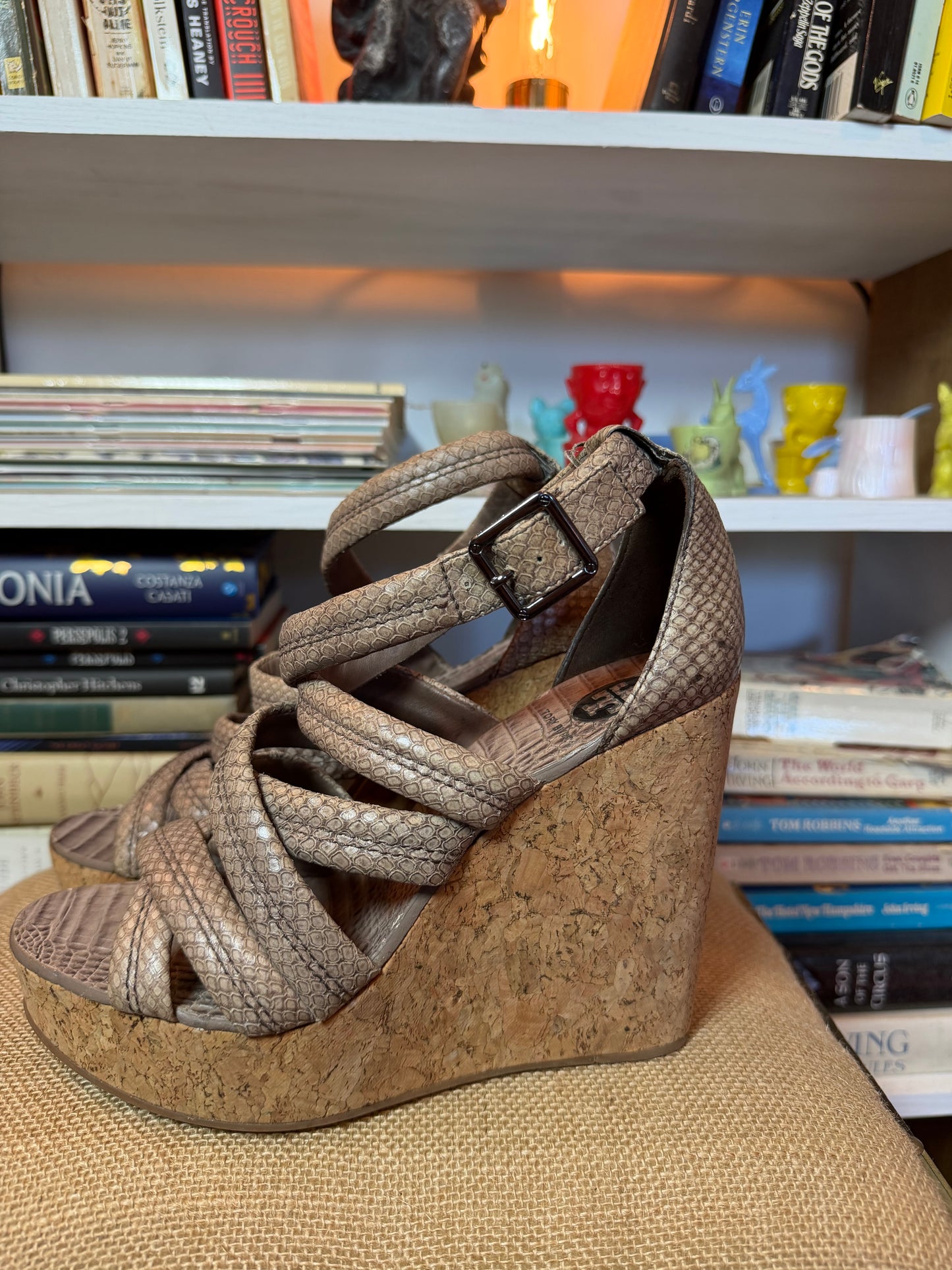 Tory Burch Jeanine Cork Wedge Sandals in Granite — Size 8.5
