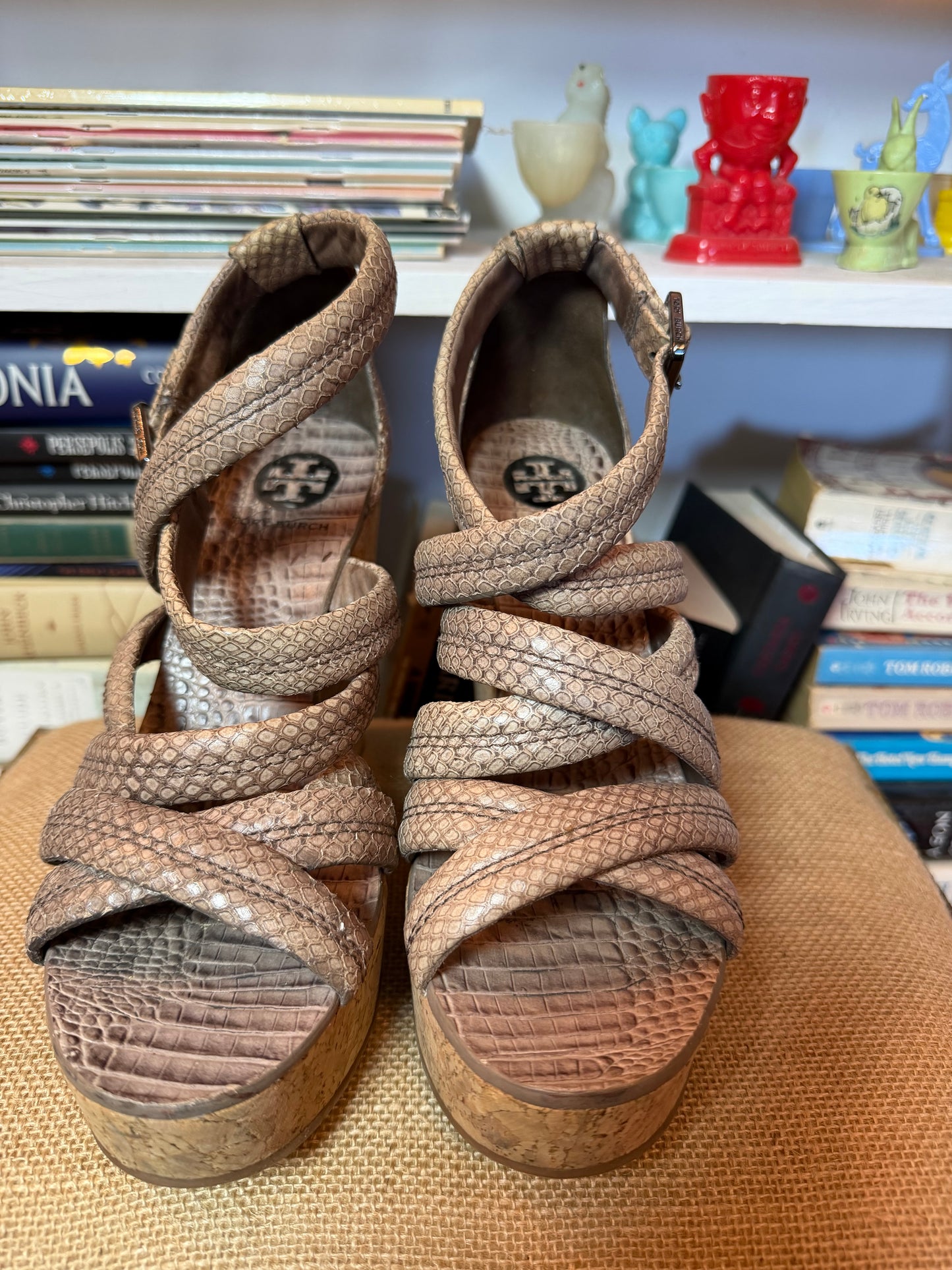 Tory Burch Jeanine Cork Wedge Sandals in Granite — Size 8.5