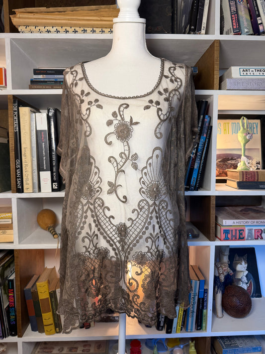 Antique Style Chiffon Embroidered Top — Hand-Embroidered Sheer Tunic
