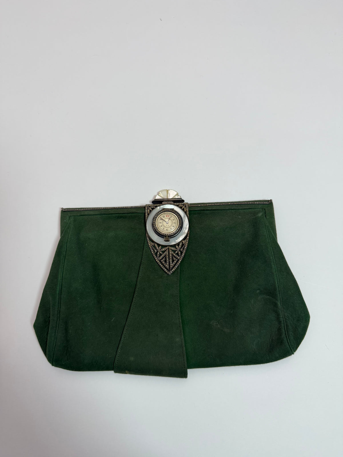1920s French Art Deco Green Suede Watch Clutch