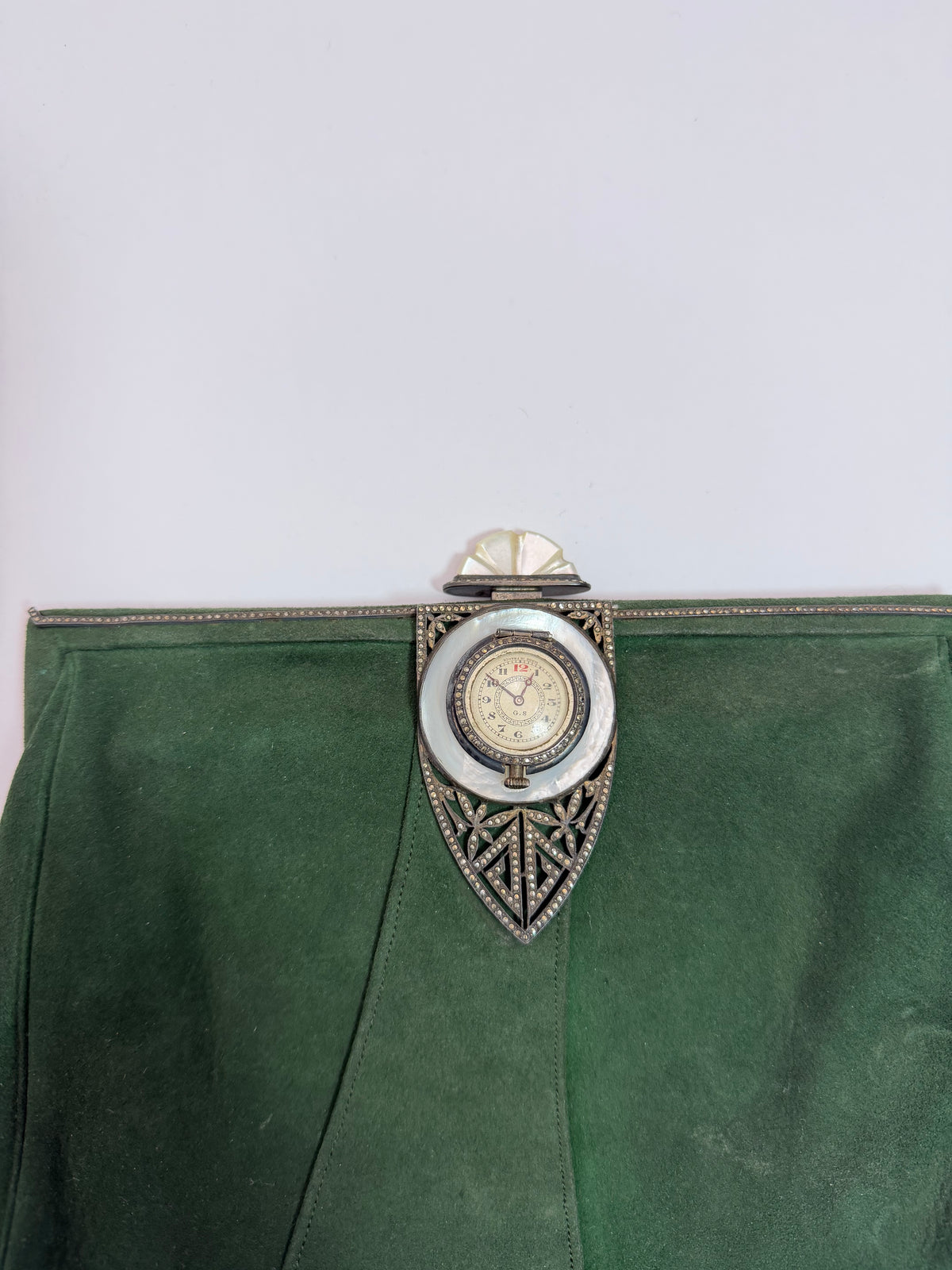 1920s French Art Deco Green Suede Watch Clutch
